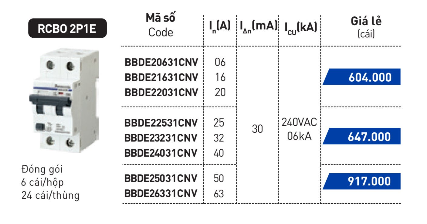 RCBO 2P1E 240VAC 6kA